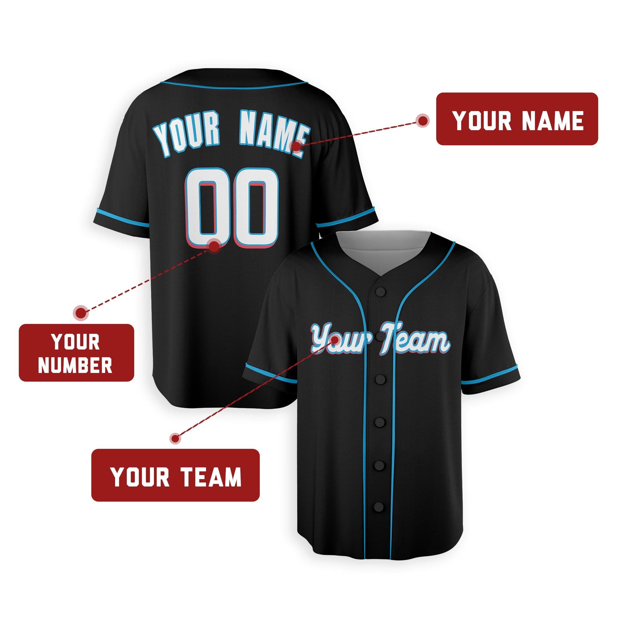 Personalized Miami Marlins Inspired Style Jersey Black with Team Name & Number for Men, Women, Youth, Kids - Piping / No Piping Options