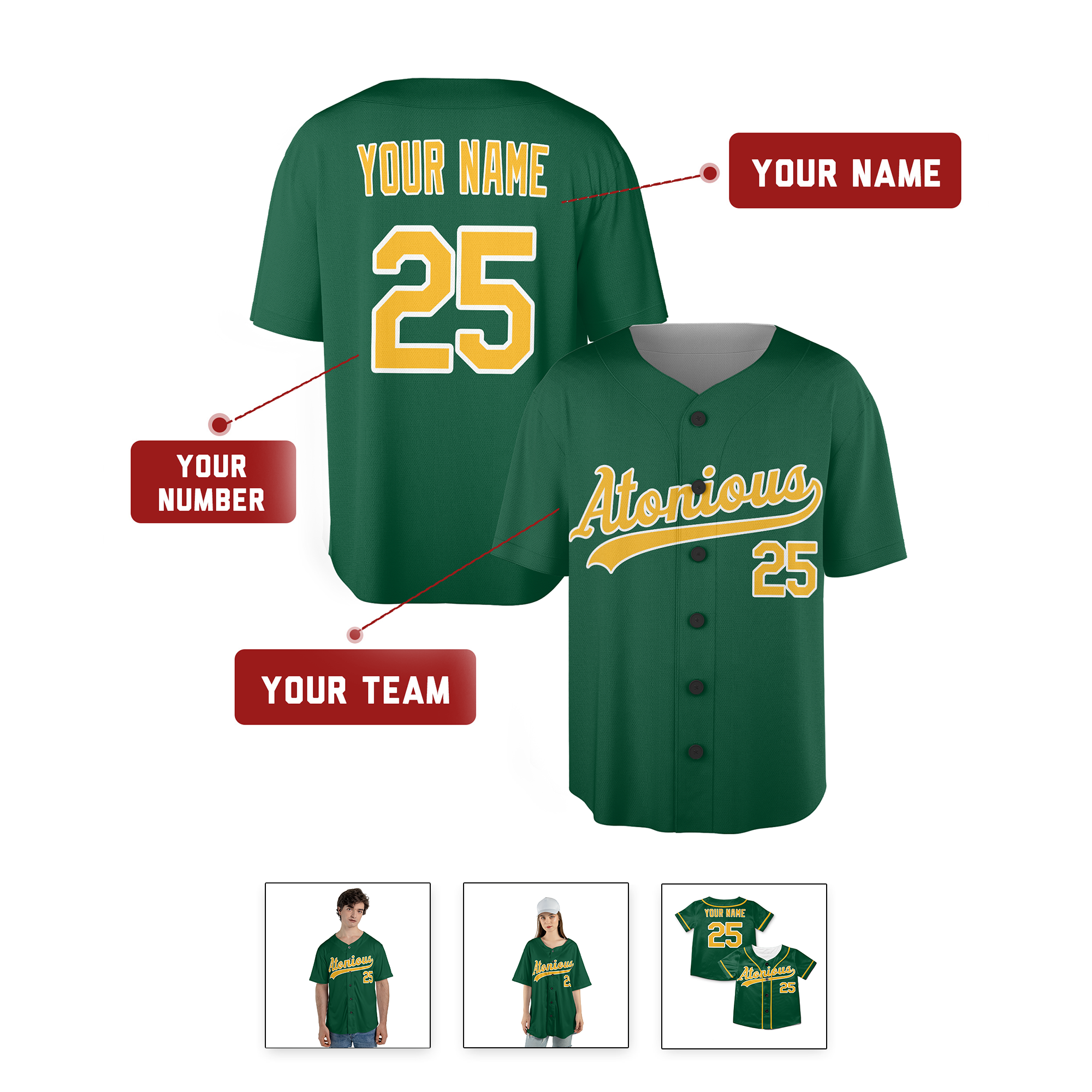 Personalized Oakland Athletics Inspired Style Jersey Green with Customizable Team Name & Number for Men, Women, Youth, Kids