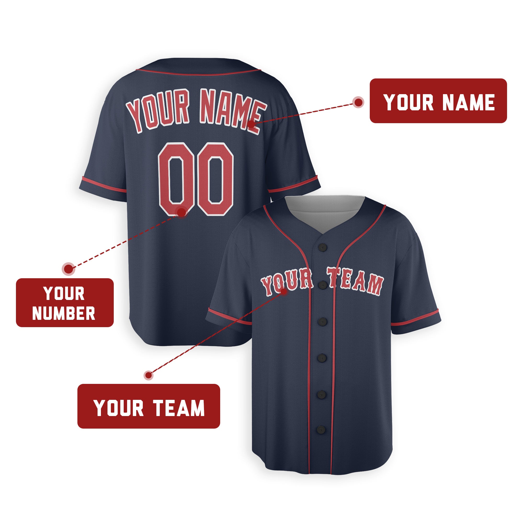 Personalized Boston Red Sox Style Alternate Jersey Navy Player Name, Team Name & Number for Men, Women, Youth, Kids - Piping and No Piping Options