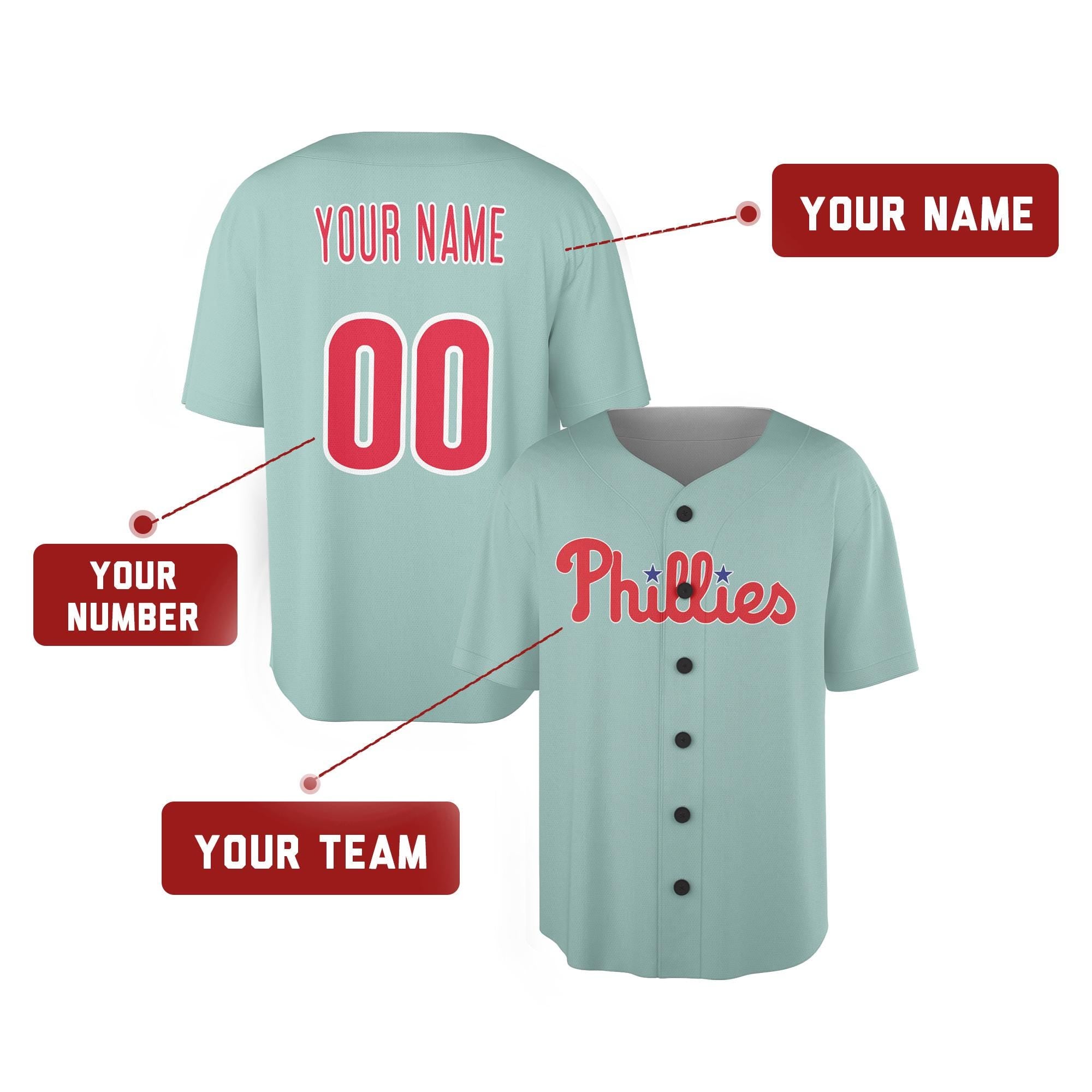 Personalized Philadelphia Phillies Style Jersey Teal with Team Name & Number for Men, Women, Youth, Kids - Piping and No Piping Options
