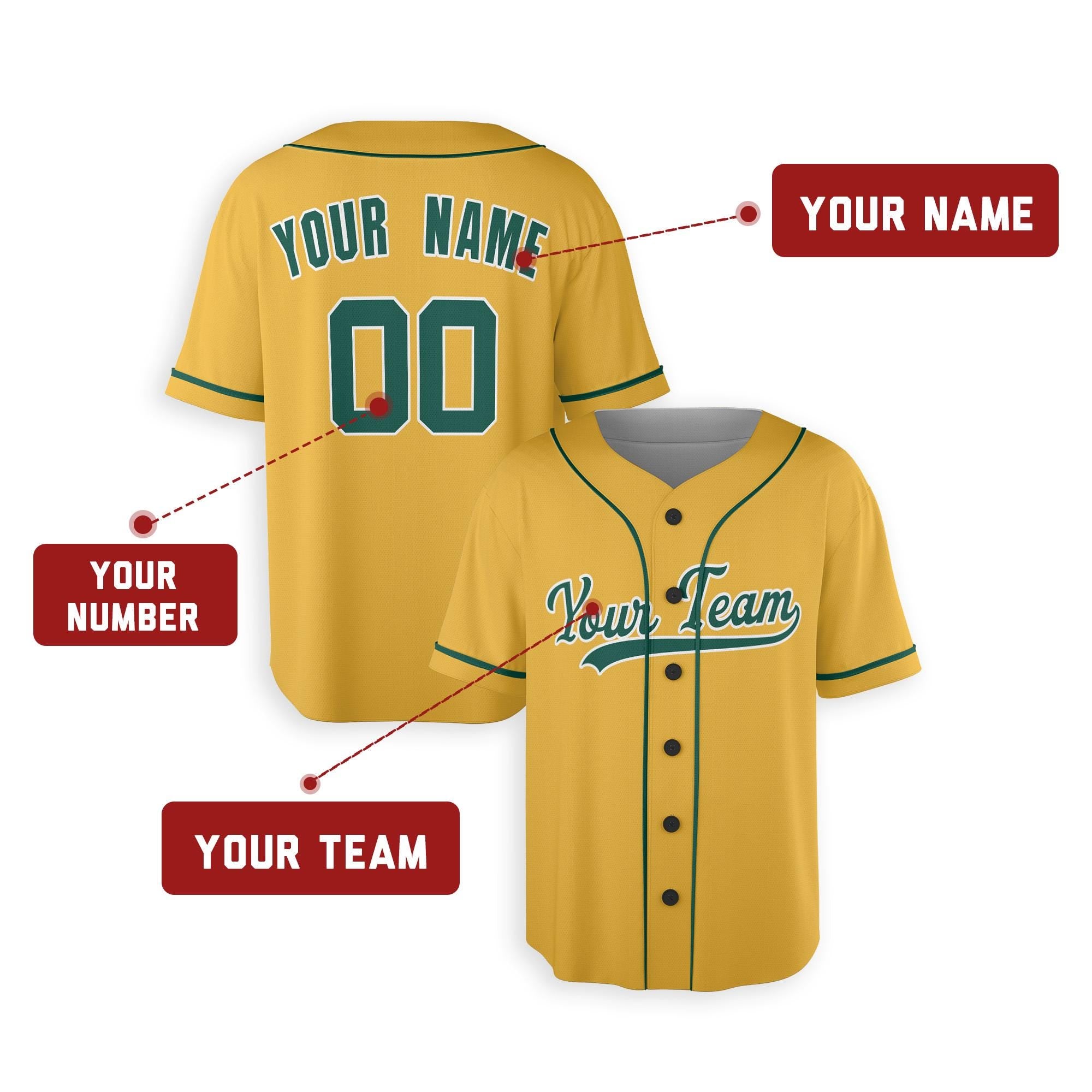 Personalized Oakland Athletics Inspired Style Jersey Gold with Customizable Team Name & Number for Men, Women, Youth, Kids