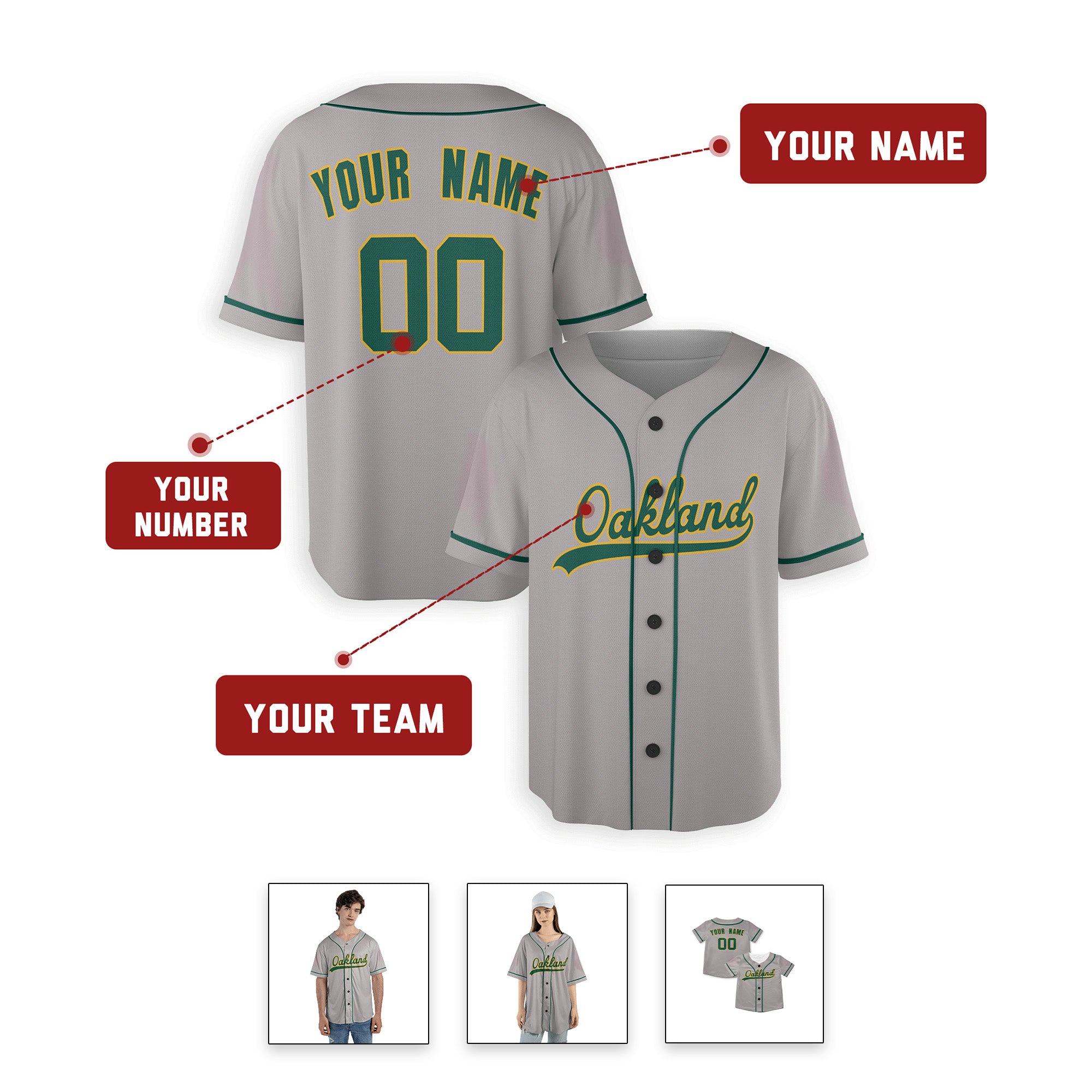 Personalized Oakland Athletics Inspired Style Jersey Gray with Customizable Team Name & Number for Men, Women, Youth, Kids